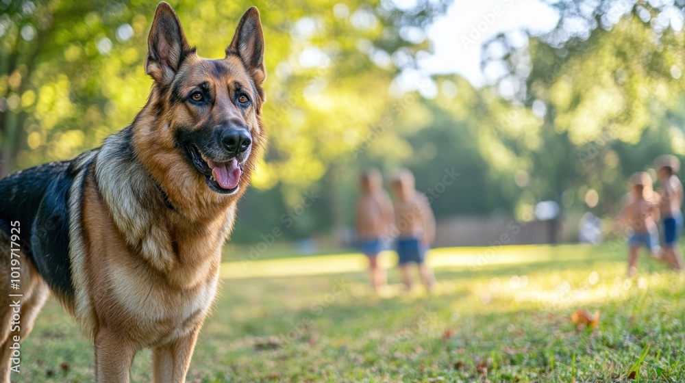 Canvas Prints A German Shepherd in a park with children playing in the background.