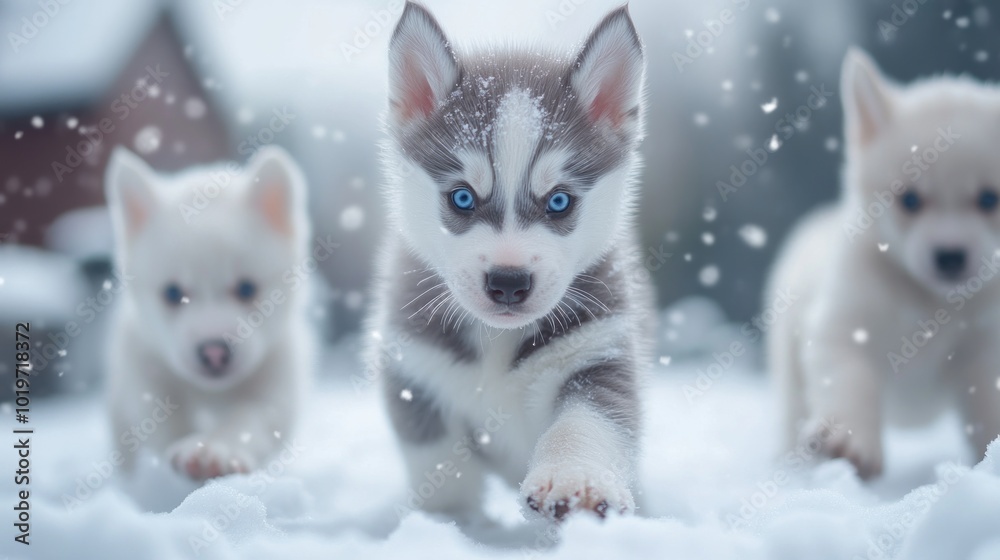 Sticker Three adorable husky puppies playing in the snow, showcasing their playful nature.