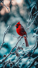 red cardinal on frosty branch in winter wonderland
