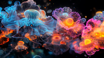 Fototapeta premium Glowing jellyfish in vibrant colors create mesmerizing underwater scene