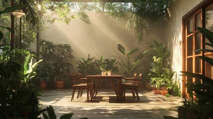 A serene indoor garden with a wooden table and chairs surrounded by lush greenery.