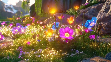 Obraz premium vibrant scene of glowing flowers in lush garden, showcasing colorful blooms and sparkling lights that create magical atmosphere. beauty of nature is captured in this enchanting landscape