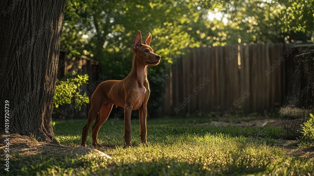 Canvas Prints A dog stands majestically in a sunlit garden, showcasing its alert and noble stance.