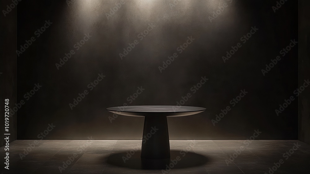 Sticker A minimalist table set in a dimly lit, modern space, emphasizing simplicity and design.