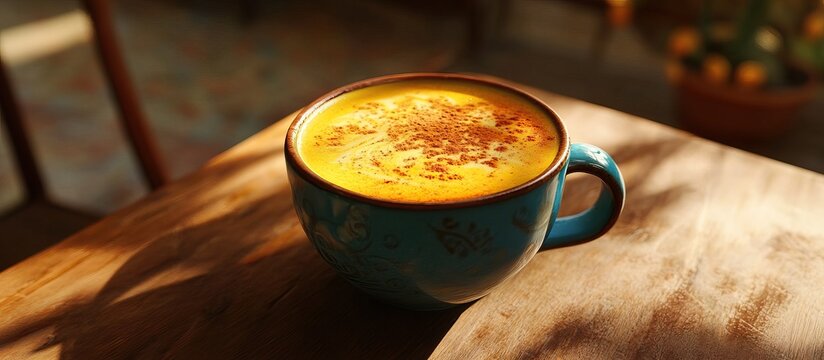 Capture a vibrant turmeric latte in a ceramic mug, with a sprinkle of cinnamon on top. 