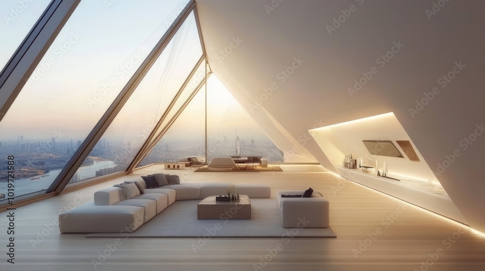 Canvas Prints Modern minimalist living space with large windows and a city view at sunset.