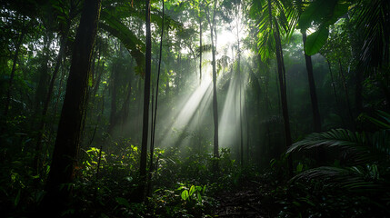 Fototapeta premium tropical rainforest in morning with light mist and sun rays shining through trees