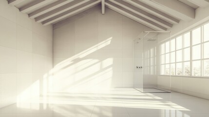 Obraz premium A bright, minimalist interior with large windows and natural light.