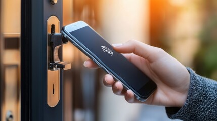 Close-up of a smartphone being used to unlock a digital door lock with fingerprint recognition, highlighting advanced home security.
