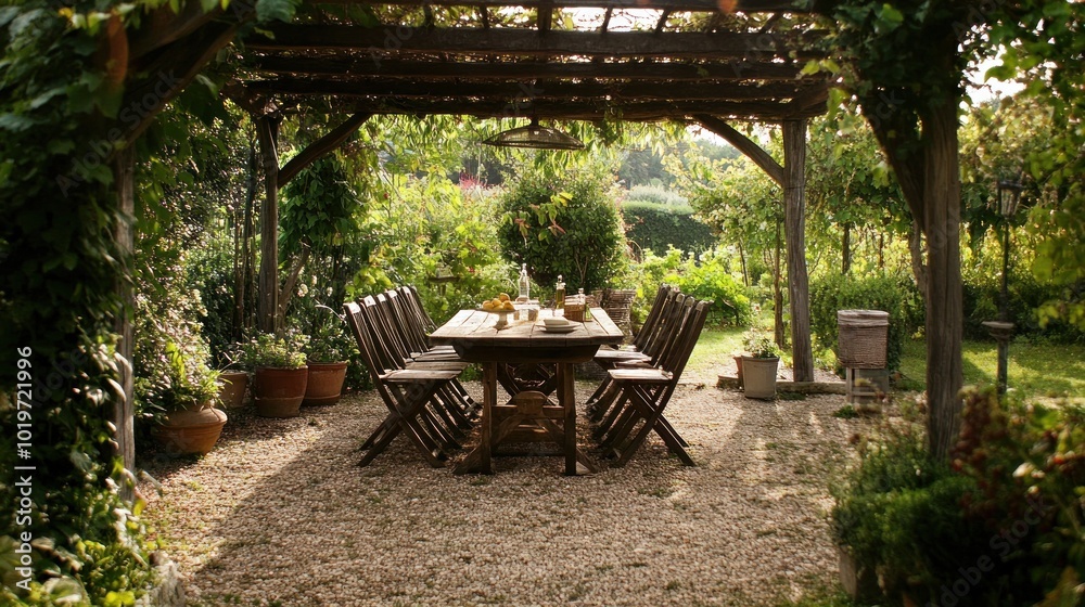 Canvas Prints A serene outdoor dining area surrounded by lush greenery and plants.