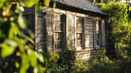 A rustic, weathered house surrounded by lush greenery and overgrown plants.