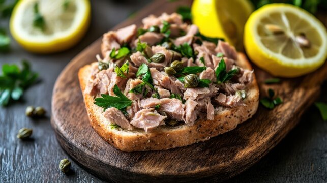 Close-up of a tuna sandwich topped with fresh herbs on a rustic wooden board, garnished with capers and lemon slices. Concept of homemade, healthy eating.