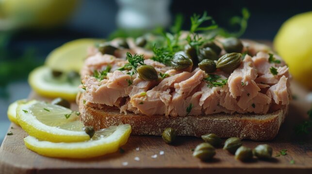 Close-up of a tuna sandwich topped with fresh herbs on a rustic wooden board, garnished with capers and lemon slices. Concept of homemade, healthy eating.