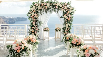 A beautifully decorated wedding altar overlooking the sea, set for a romantic ceremony.