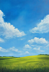 Beautiful panoramic natural landscape, Green field and blue sky with clouds Landscape, green field  blue sky with clouds