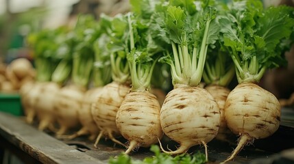 Close up of a row of root vegetables on a tabletop