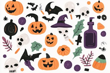 Obraz premium Halloween-themed Design with Pumpkins, Skulls, Bats, Witch Hat, Spooky Objects in Various Colors