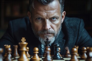 strategically focused businessman poised to move a chess piece on a classic chessboard showcasing intellect and strategy in a dimly lit room filled with tension and anticipation
