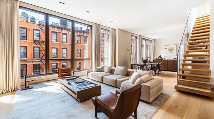 Modern living room with large windows and stylish furniture, showcasing urban views.