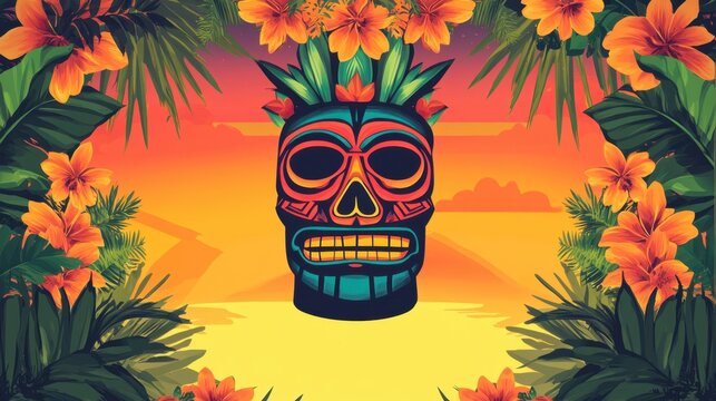 Colorful Tiki Luau design template with tropical flowers, perfect for customizing party invitations, flyers, or vacation celebration themes