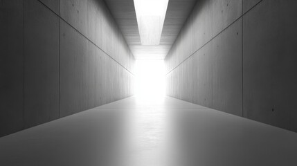 Concrete hallway tunnel with light at the end, evoking a sense of endless possibilities. Concept of hope, modern architecture, and minimalism.