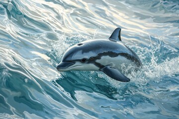 Obraz premium Graceful dolphin swimming through ocean waves