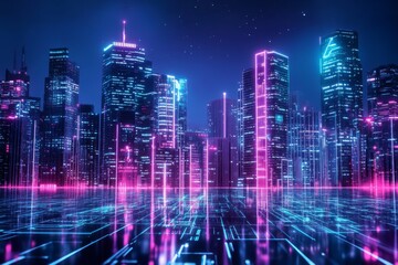 Nighttime Neon-Cityscape Reflecting on Futuristic Gridlines Under the Starlit Sky