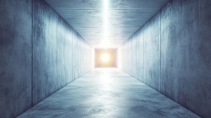 Concrete hallway with a glowing light at the end, leading into the distance. Concept of perspective, minimalism, and future possibilities.