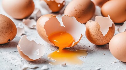 Cracked egg with yolk spilling out surrounded by empty eggshells, symbolizing food safety recall on clean white surface.