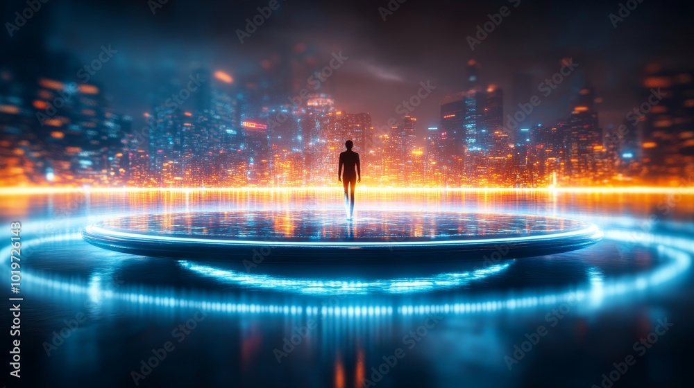 Wall mural a sleek circular pedestrian bridge suspended above a glowing river, illuminated by holographic light