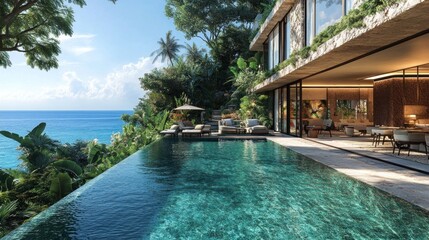 Luxurious villa with infinity pool overlooking ocean and greenery.