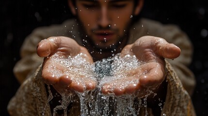 Fototapeta premium Jesus, hands in water, pouring out the stream of pure living water 