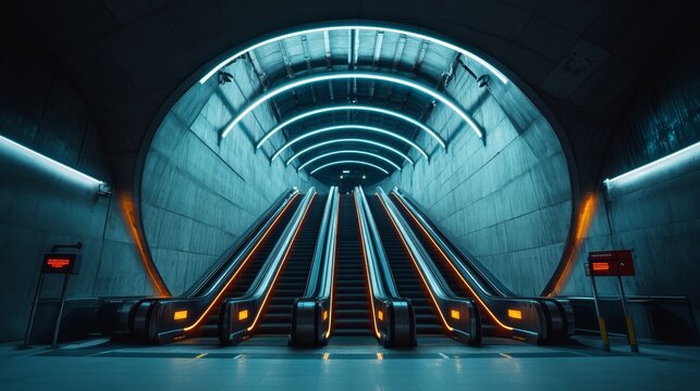 A sleek, modern circular metro station, with synchronized trains following each other on parallel tracks, and escalators moving like synchronized gears under soft LED lighting