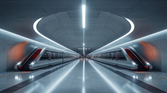A sleek, modern circular metro station, with synchronized trains following each other on parallel tracks, and escalators moving like synchronized gears under soft LED lighting