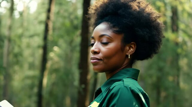 An African American female forester walks around her territory and checking the safety of the trees. The woman identifies tree species while strolling through nature.