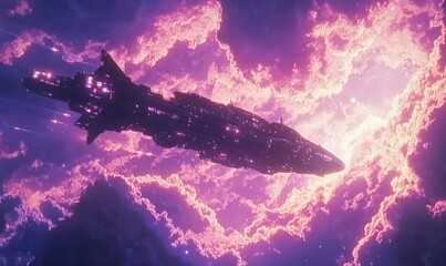 Fototapeta premium A futuristic spaceship soars through a pink and purple sky with white clouds in the background.