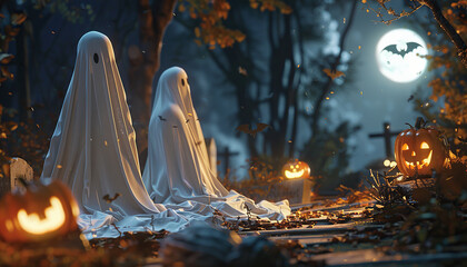 Ghosts White Sheets Flying Bats Spooky Forest full Moon Pumpkins Graveyard Spooky Night Happy Halloween