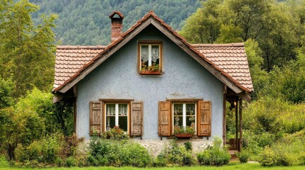 Obraz premium A charming blue cottage surrounded by greenery and mountains, evoking a sense of tranquility.