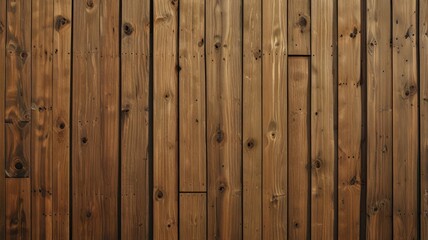 Fototapeta premium Close-up of a rustic wooden wall with vertical planks, featuring a rich brown color and natural wood grain texture.