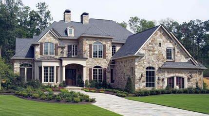 A large stone house with a manicured lawn and pathway.