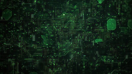 Dark abstract art background with broken squares and glowing green lines geometric futuristic circuit board, digital art with glowing moss green color