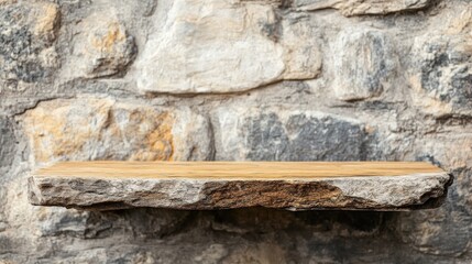A rustic wooden shelf mounted on a textured stone wall, showcasing natural materials.