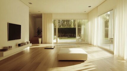 A spacious, modern living room with natural light and minimalist decor.