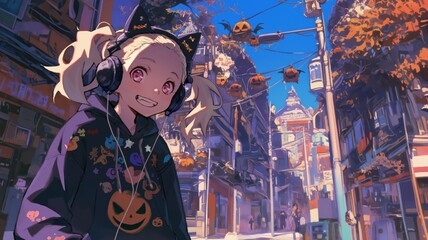 A girl walking on the streets of Harajuku, listening to music with stylish headphones 80s anime rainbow retro Halloween costume fashion
