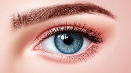 Obraz premium Detailed view of a blue female eye with thick eyelashes and healthy skin. Eyelash extension, eyebrow shaping, and smooth complexion. Good vision concept.