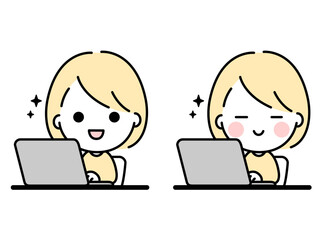 笑顔でノートパソコンを操作している可愛くてシンプルな女性のイラスト