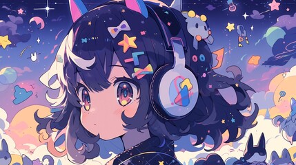 A girl walking on the streets of Harajuku, listening to music with stylish headphones 80s anime rainbow retro Halloween costume fashion