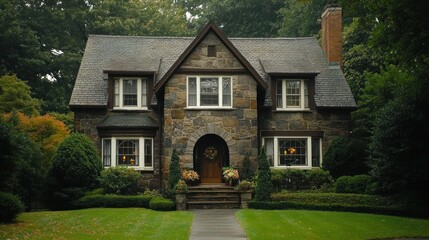 A charming stone house surrounded by lush greenery, showcasing classic architecture.