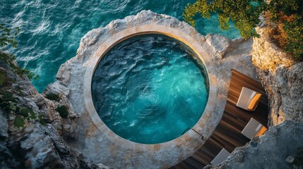Obraz premium A top-down view of a circular saltwater pool with tranquil turquoise water, surrounded by natural stone walls, creating a peaceful spa environment