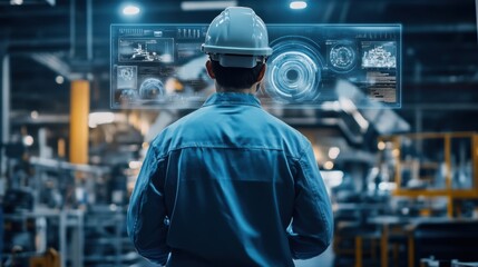 Factory worker viewing a holographic projection of machine internals, showcasing predictive maintenance technology and proactive issue resolution